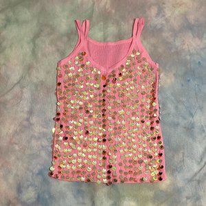 Vtg 90s Y2K Sequin Iridescent Tank Top Shirt Pink Small Stretchy Material